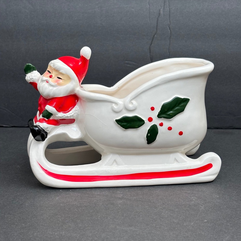 Vintage Santa Sleigh Planter Candy Dish Ceramic Christmas Decor by Frankel